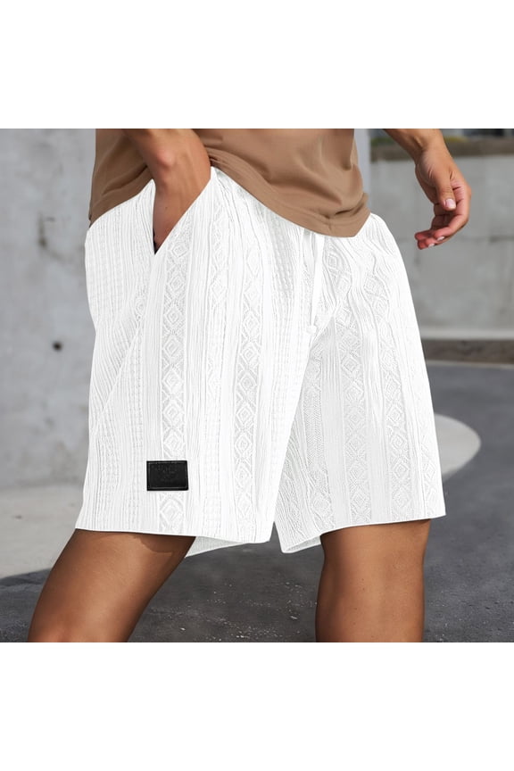 Mens Casual Shorts Jacquard Texture Fashion Logo Design Lightweight Summer Short Pants Solid Color White L