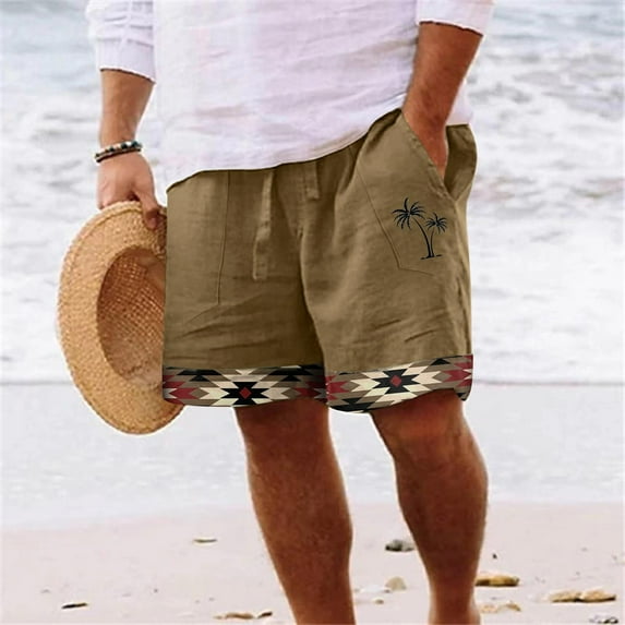Mens Casual Shorts Linen Shorts Elastic Waist Drawstring Cotton Linen Shorts with Pockets Loose Fit Outdoor Summer Beach Shorts