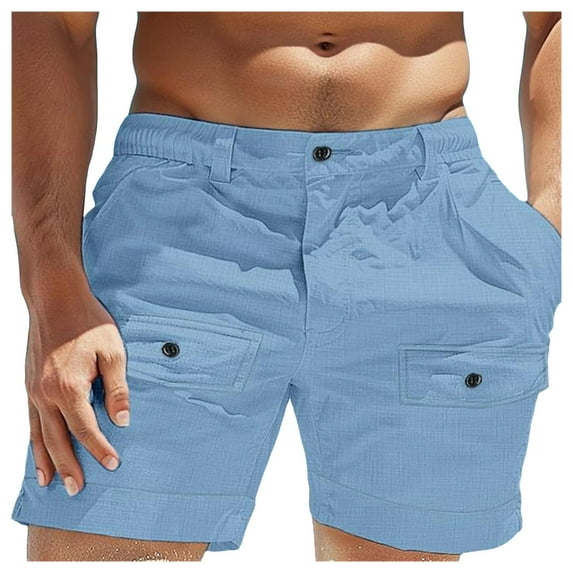 Mens Casual Shorts Male Solid Color Summer Beach Button Pocket Elastic Waist Breathable Shorts Sweat Shorts Men Blue L