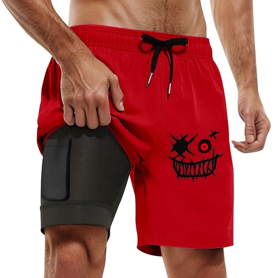 Mens Casual Shorts Swim Trunks Compresssion Liner Board Shorts Bathing Suit with Pockets Red XXL