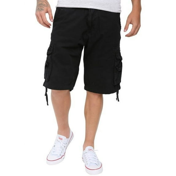 Mens Casual Slim Fit Cotton Solid Multi-Pocket Cargo Twill Shorts Black 32