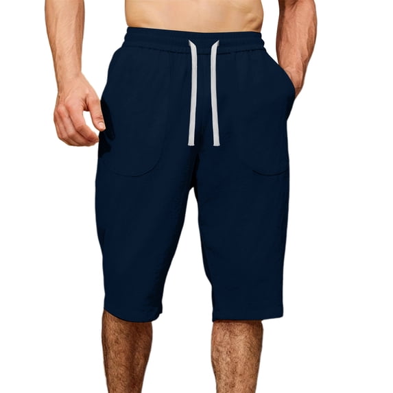 Mens Casual Soft Cotton Linen Long Shorts Knee Below Sport Running Lounge Work Shorts Capri Pant Size 2XL Navy