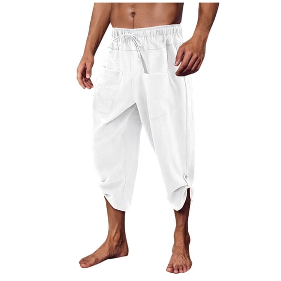 Mens Casual Soft Linen Long Shorts Knee Length Sport Running Lounge Work Shorts Capri Pant Linen Pants Men Beach