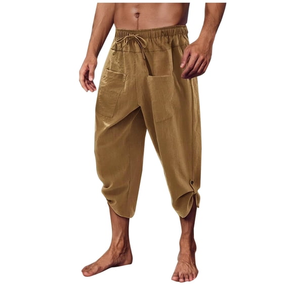 Mens Casual Soft Linen Long Shorts Knee Length Sport Running Lounge Work Shorts Capri Pant Linen Pants Men Beach