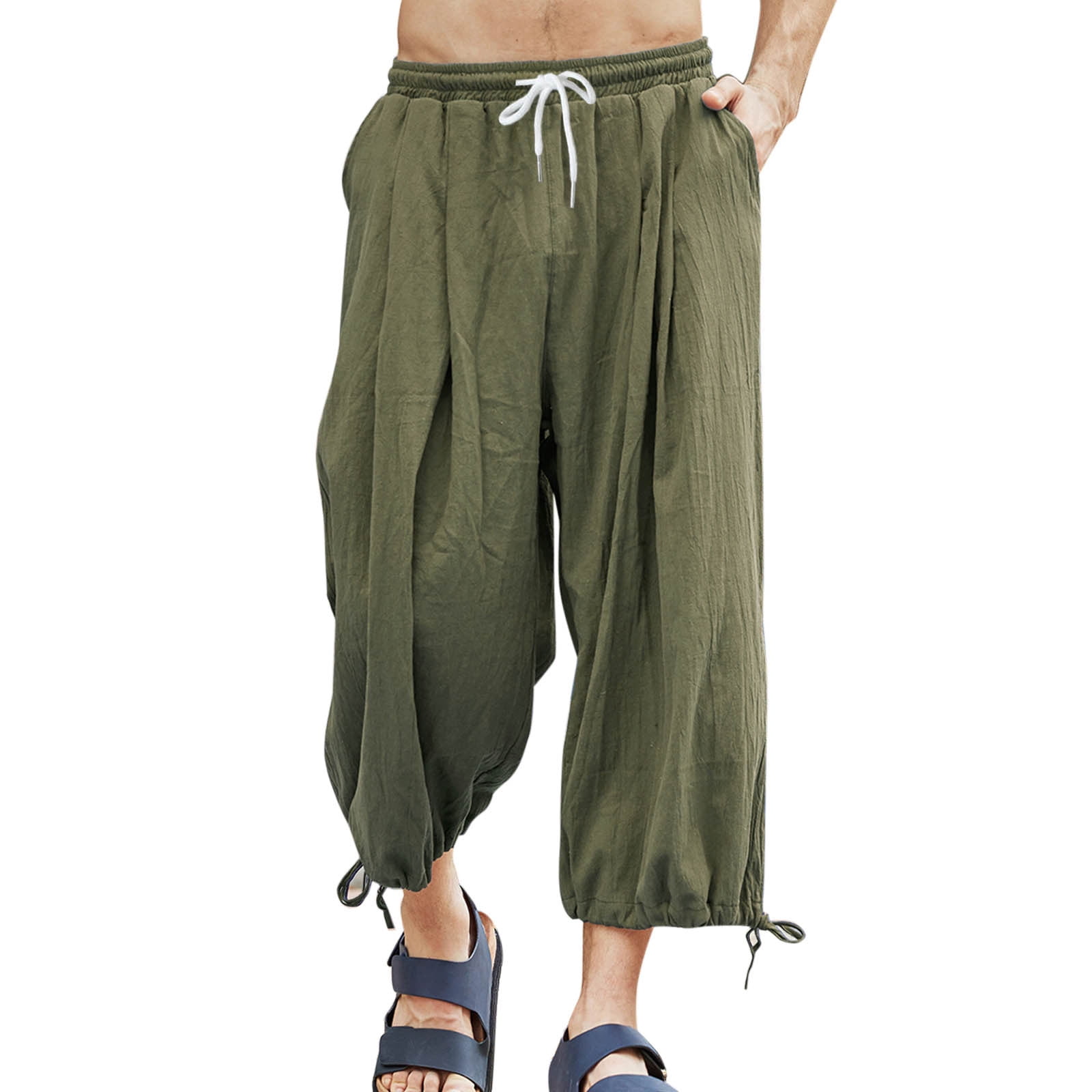【CLANE】 DRAWSTRING HEM RASH GUARD PANTS Mens Casual Solid Cropped Pants Drawstring Pocket Lace Up Hem Pant