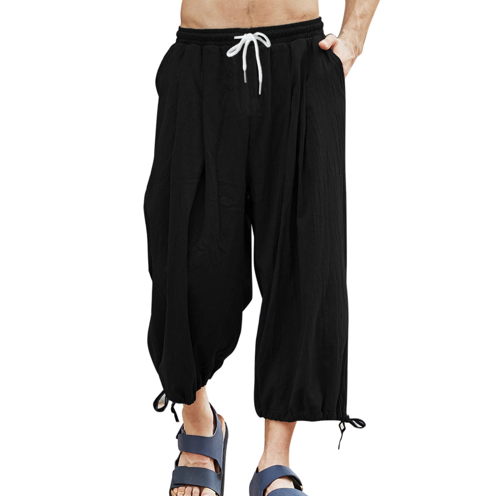 Mens Casual Solid Cropped Pants Drawstring Pocket Lace Up Hem Pant