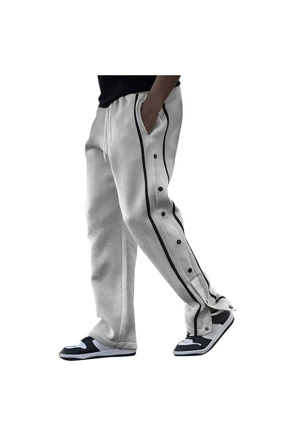 Mens Casual Sport Pants Solid Color Split Snap Button Pants Drawstring Jogging Running Basketball Sweatpants