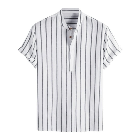 Mens Casual Stripe Shirt Short Sleeve Stand Collar Shirt Blouse Tops Stylish Men Shirts White Xxxl