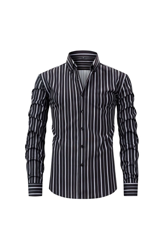 Mens Casual Striped Dress Shirts Stylish Long Sleeve Slim Fit Button Down Classic Shirt, Black, Size XL