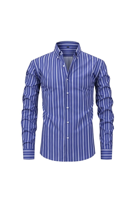 Mens Casual Striped Dress Shirts Stylish Long Sleeve Slim Fit Button Down Classic Shirt, Blue, Size S