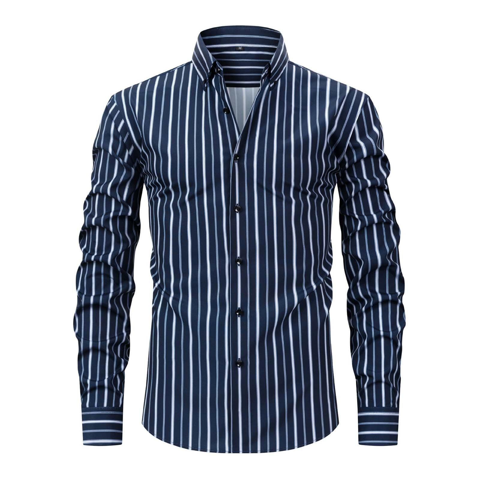 Mens Casual Striped Dress Shirts Stylish Long Sleeve Slim Fit Button Down  Classic Shirt, Navy, Size S