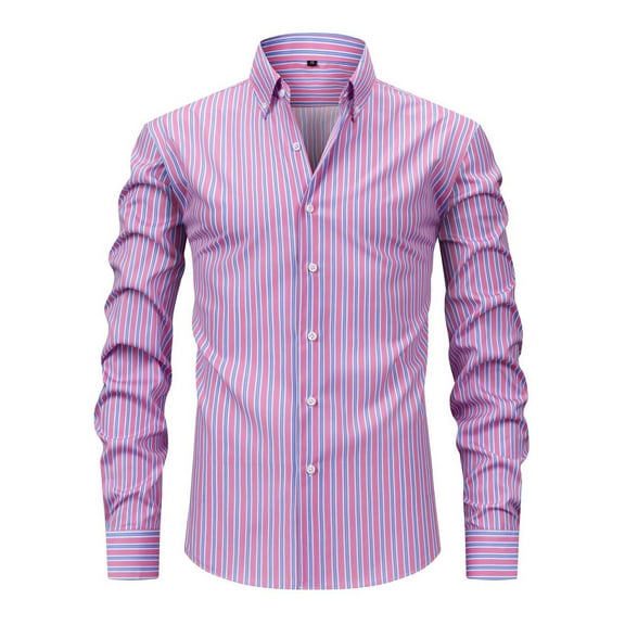 Mens Casual Striped Dress Shirts Stylish Long Sleeve Slim Fit Button Down Classic Shirt, Pink, Size L