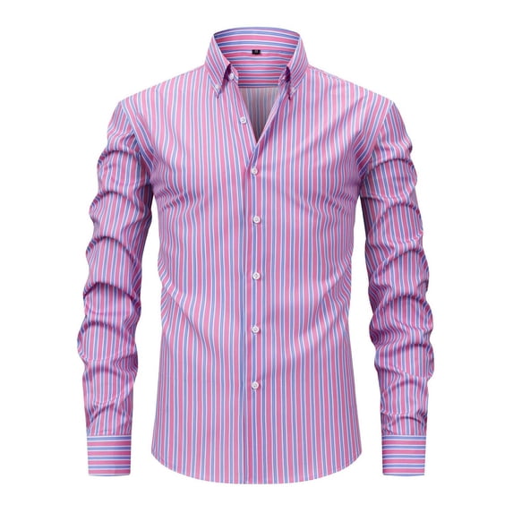 Mens Casual Striped Dress Shirts Stylish Long Sleeve Slim Fit Button Down Classic Shirt, Pink, Size XXXL
