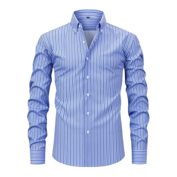 Mens Casual Striped Dress Shirts Stylish Long Sleeve Slim Fit Button Down Classic Shirt, Sky Blue2, Size XXXL