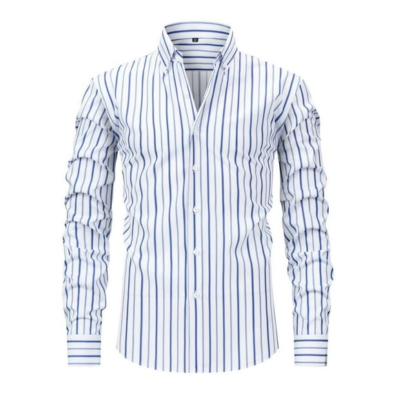 Mens Casual Striped Dress Shirts Stylish Long Sleeve Slim Fit Button Down Classic Shirt, White2, Size S