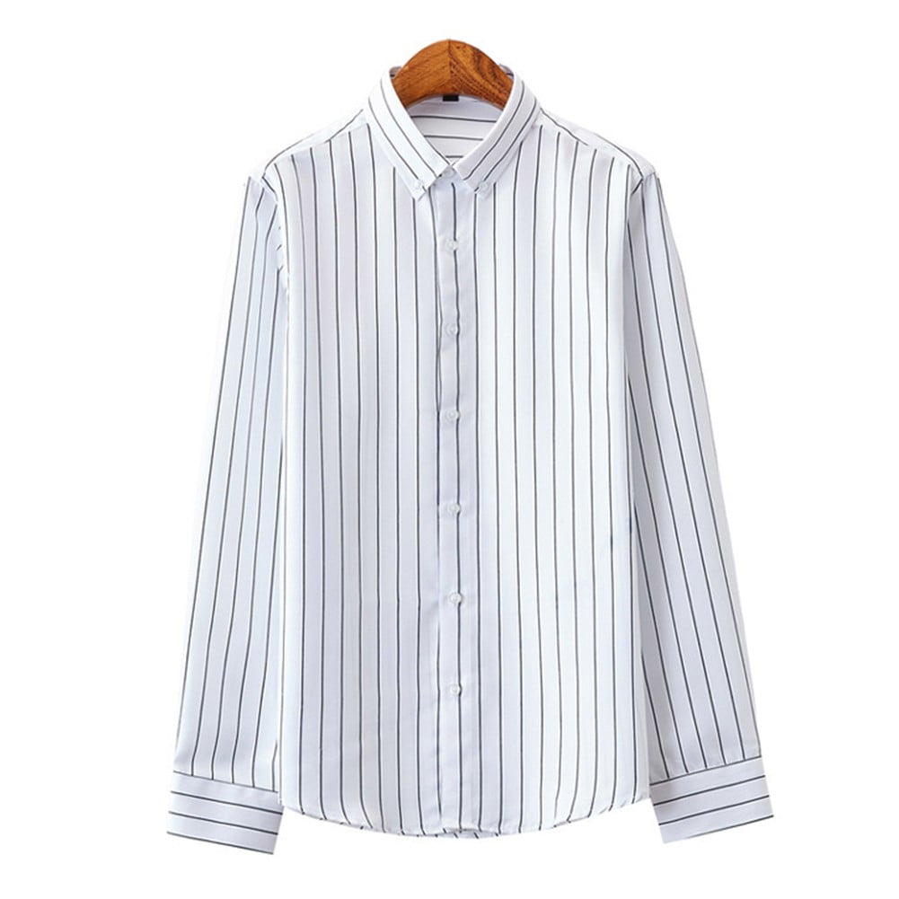 Mens Casual Striped Long Sleeve Band Collar Button Down Formal Shirt