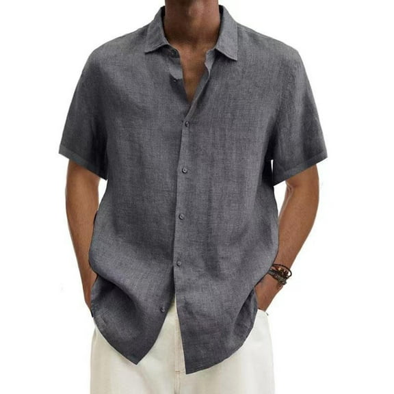 Mens Casual Stylish Short Sleeve Button-Up Shirts Solid Lapel Cotton Linen T-Shirts Vacation Beach Summer Tops