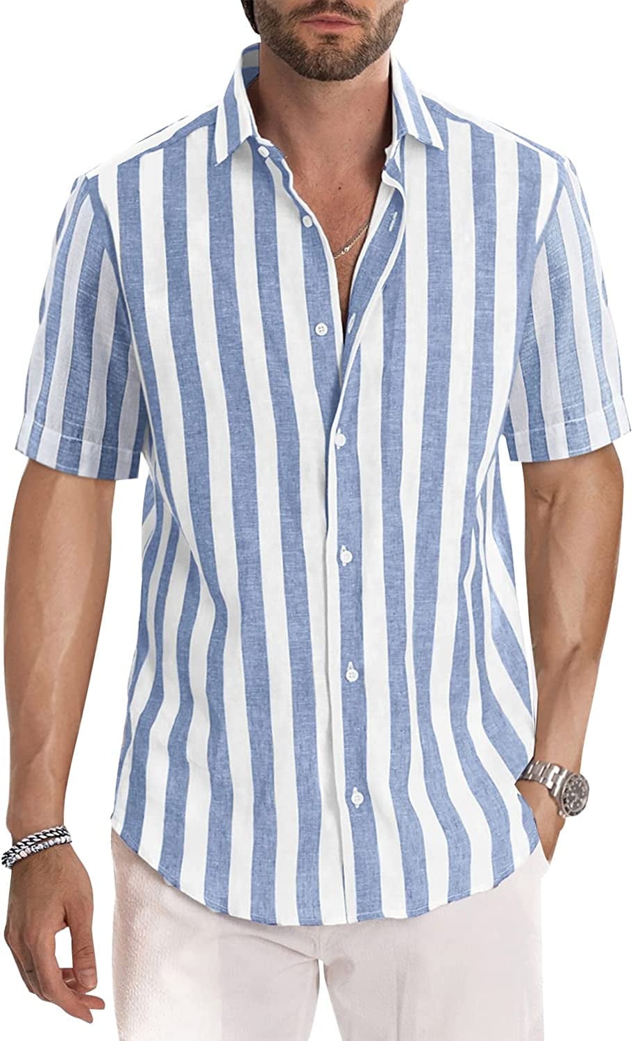 Casual striped non-stretch shirt with short sleeves and button down for men