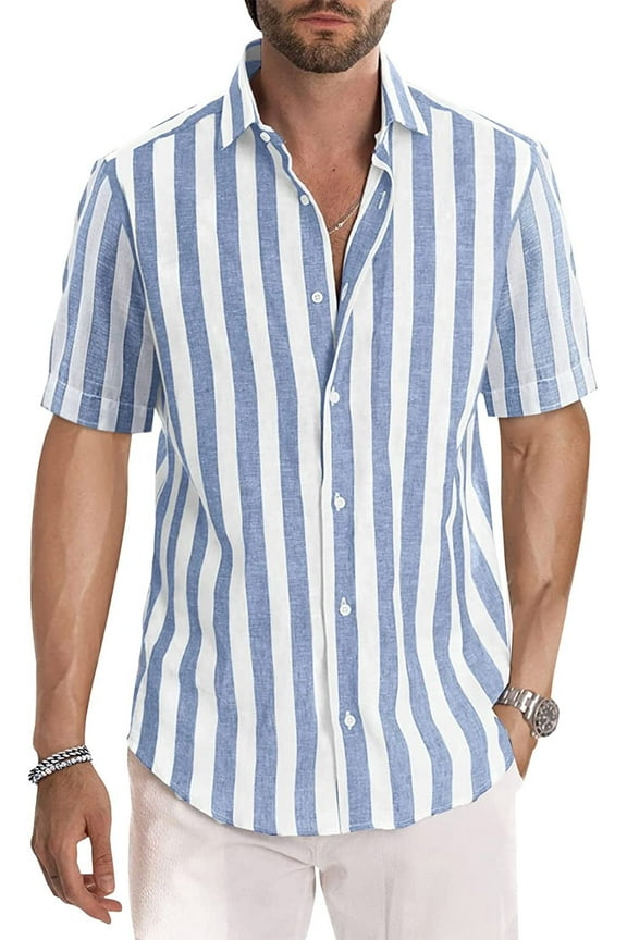 Mens Casual Stylish Short Sleeve Button-Up Striped Dress Shirts Cotton Shirt 2025