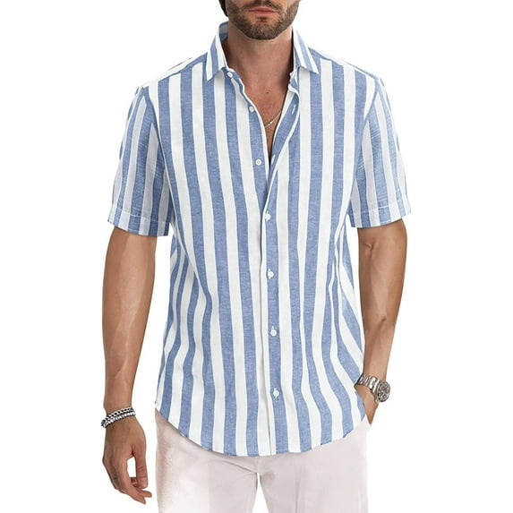 Mens Casual Stylish Short Sleeve Button-Up Striped Dress Shirts Cotton Shirt 2025