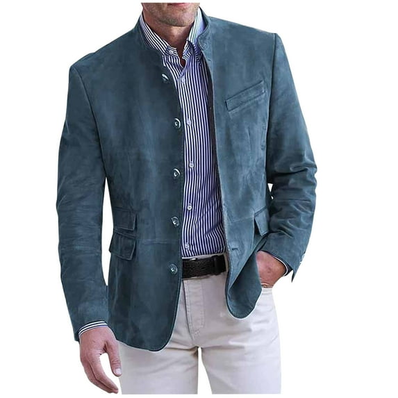 Mens Casual Suit Jacket Single Breasted Turtleneck Blazer Solid Color Long Sleeves Comfortable Business Coat Blue XXL