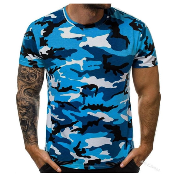 Mens Casual Summer Camo Crew Neck Short Sleeve Tees Imitation Cotton Spandex Polyester Outdoor Fitness Tops Blue 3XL