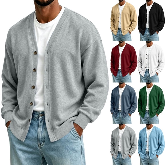 Mens Casual Sweater Outerwear V Neck Long Sleeve Solid Color Button Front Cardigan Jacket for Weekend Shopping White 3XL
