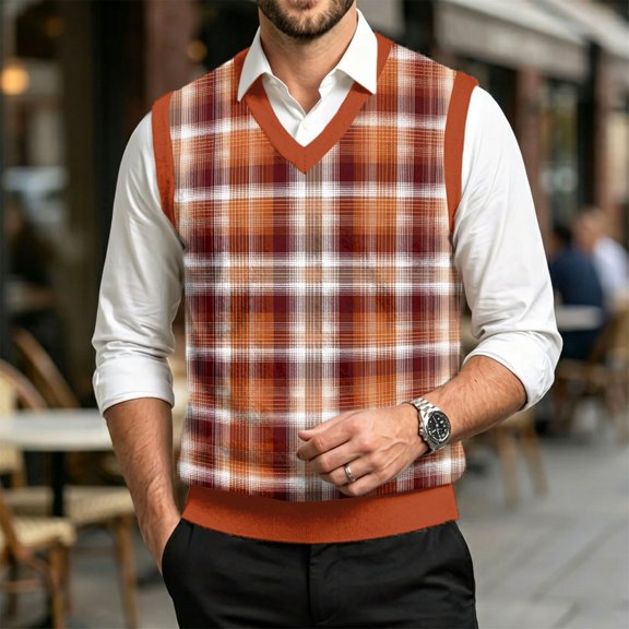 Mens Casual Sweater Vest V Neck Plaid Geometric Sleeveless Knit Pullover Ribbed Trim Holiday Fashion Top