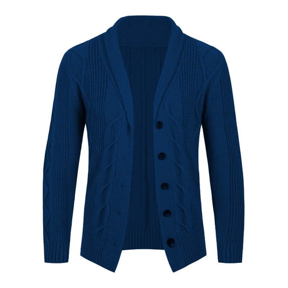 Mens Casual Sweaters Cardigan Long Sleeve Shawl Collar Jackets Buttons Down Cable Knit Sweatshirts Tops with Pockets (L, Blue)