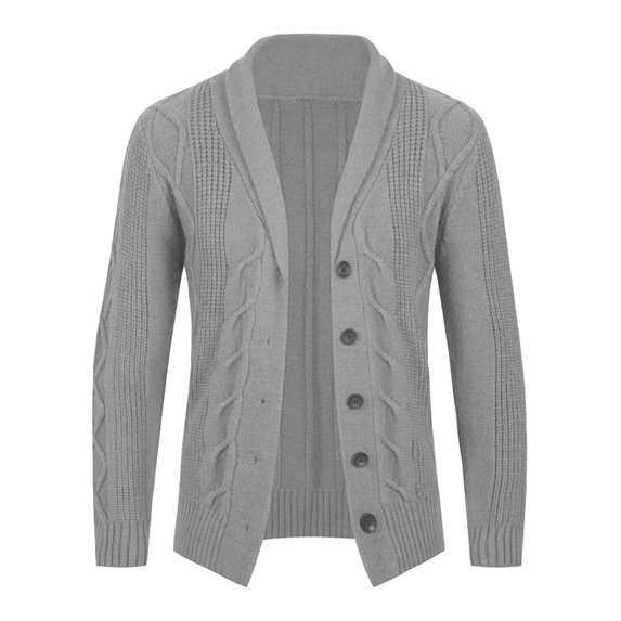Mens Casual Sweaters Cardigan Long Sleeve Shawl Collar Jackets Buttons Down Cable Knit Sweatshirts Tops with Pockets (L, Gray)