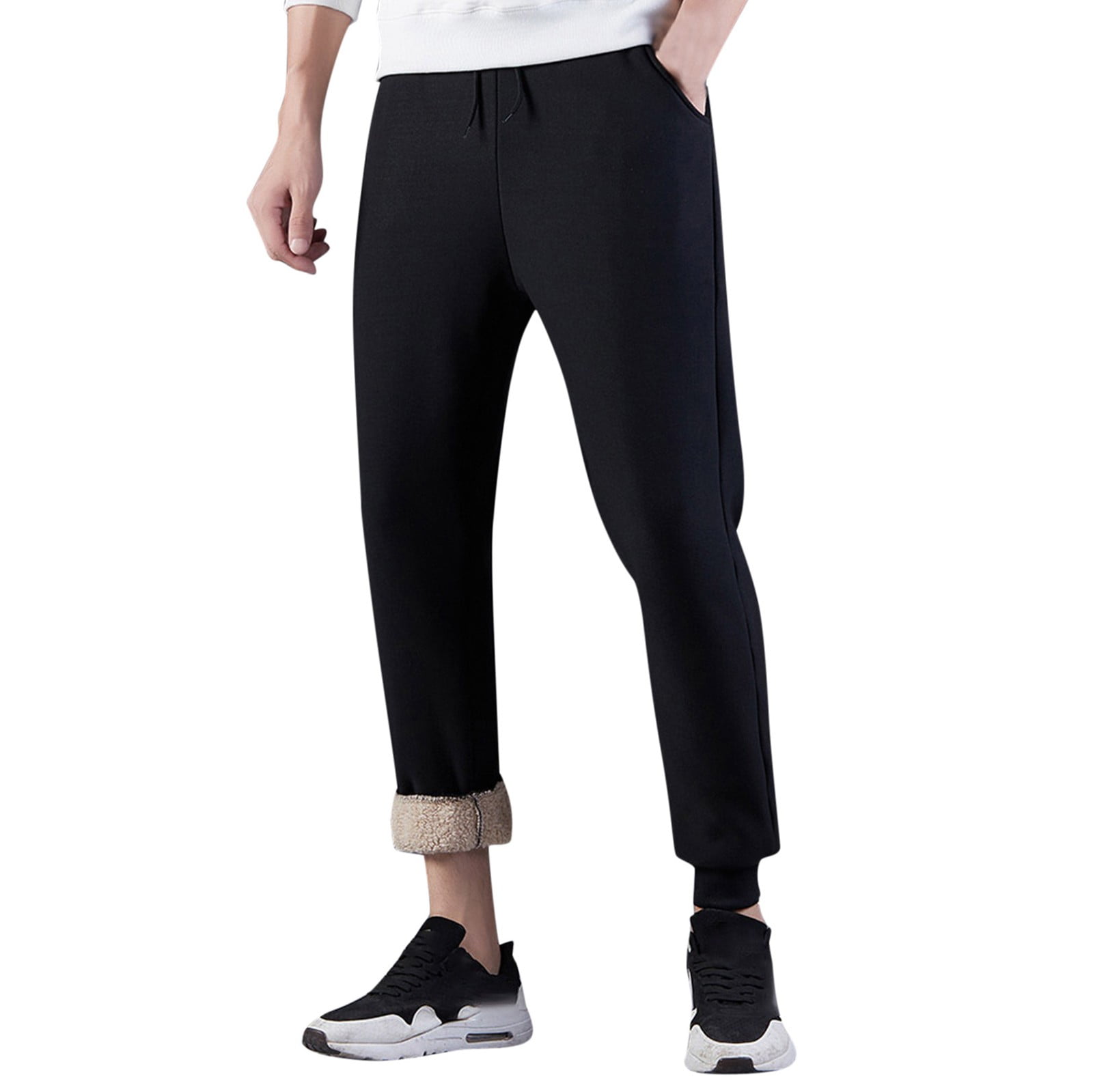 Mens Casual Sweatpants Elastic Drawstring High Waist Solid Color Fleece Lined Winter Workout