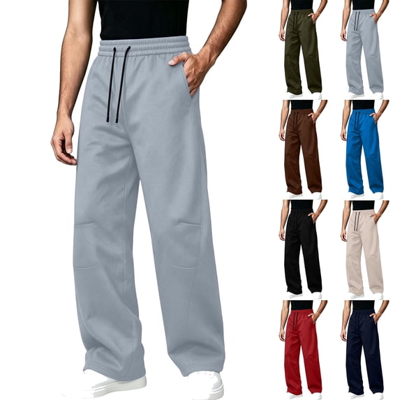 Mens Casual Sweatpants Solid Color Drawstring Elastic Waist Straight Leg Trousers Relaxed Fit Workout Pants