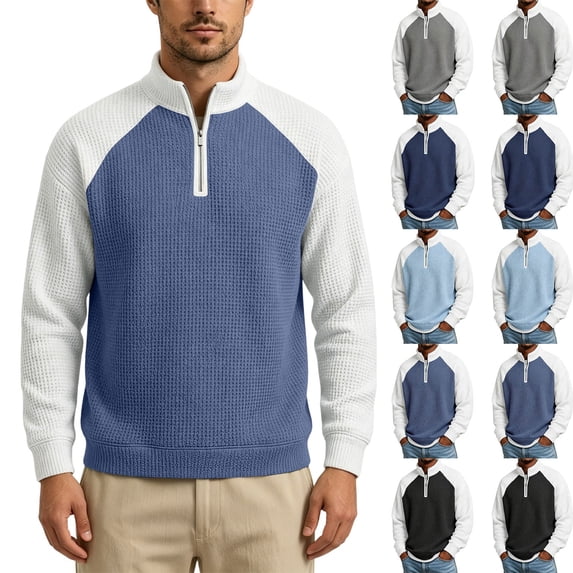 Mens Casual Sweatshirts Color Block Waffle Knit Sweater Loose Casual Half-Zip Stand Collar Long Sleeve Shirt Pullover for Fall and Winter