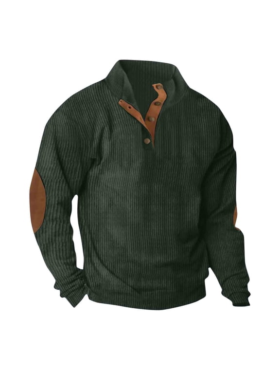 Mens Casual Sweatshirts Corduroy Sweatshirts Elbow Patches Long Sleeve Stand Collar 1/4 Button Up Pullover Sweaters Color Block Tops