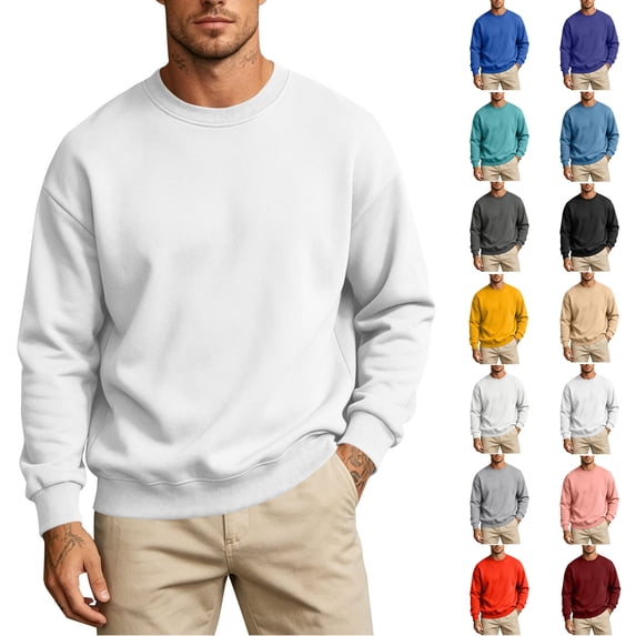 Mens Casual Sweatshirts Zaewscy Men's Spring Fleece Lined Solid Color Crew Neck Long Sleeve No Hood Sweatshirt White XXS
