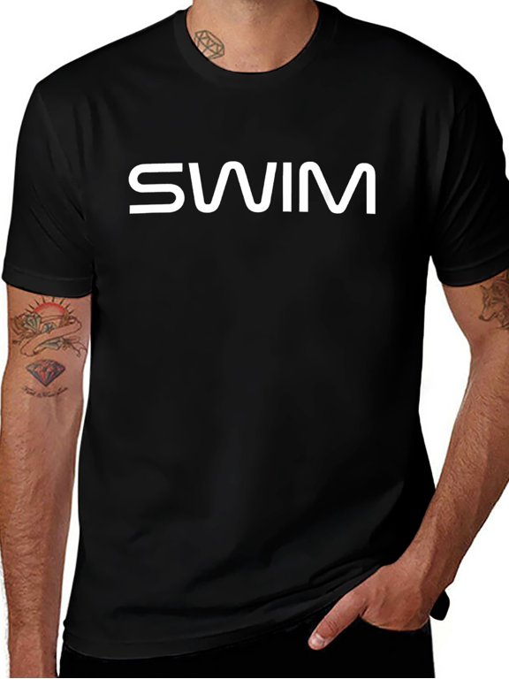 Mens Casual Swim Shirt Black Short Sleeve Round Neck
Loose Fit Bold White Swim Print Quick Dry Lightweight
Beach Summer Vacation Outdoor Athletic Tee Unisex