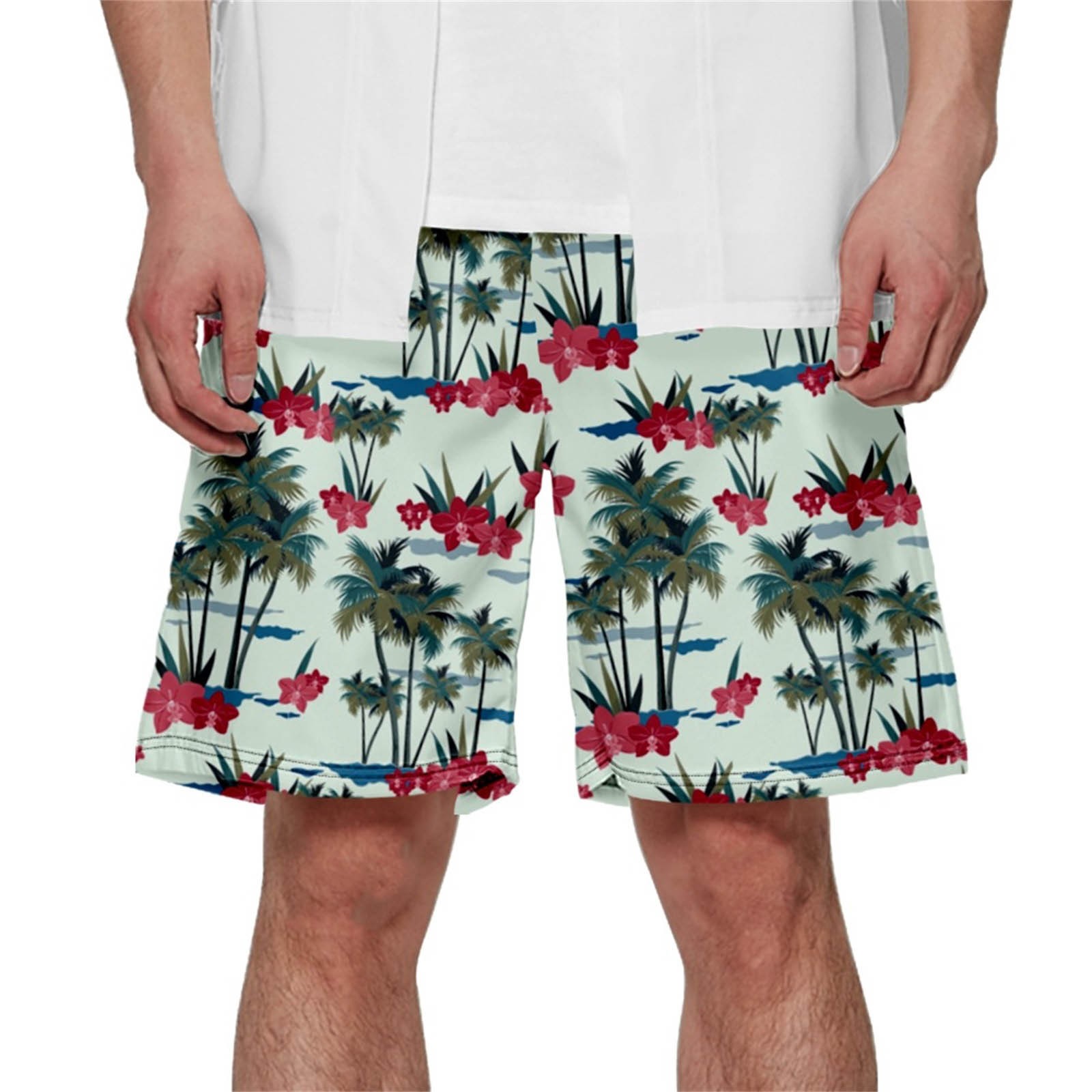 Mens Casual Swim Trunks Trendy Comfortable Coconut Tree Elastic Waist
