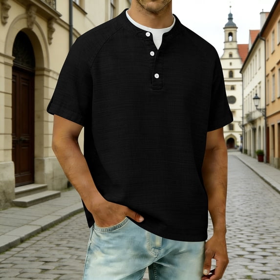 Mens Casual T Shirts Short Sleeve V Neck Henley Linen Shirt Button Basic Fashion Summer Beach Top Button Up Collar Shirt Black L