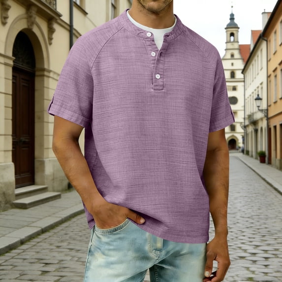 Mens Casual T Shirts Short Sleeve V Neck Henley Linen Shirt Button Basic Fashion Summer Beach Top Button Up Collar Shirt Pink L