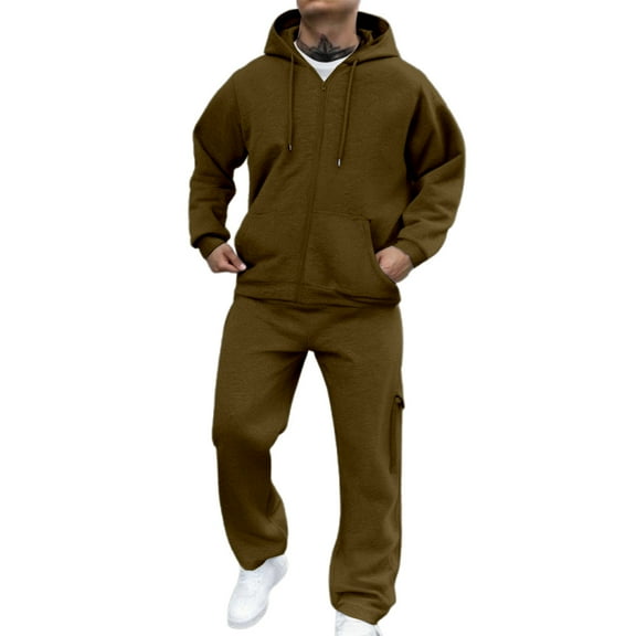 Mens Casual Tracksuit Set 2 Pieces Set Sweatsuits Zipper Up Hooded Pullover And Jogging Cargo Pant with Pockets Autumn Winter Outdoor Activities - Brown-02,S