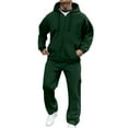 thumbnail image 1 of Mens Casual Tracksuit Set 2 Pieces Set Sweatsuits Zipper Up Hooded Pullover And Jogging Cargo Pant with Pockets Autumn Winter Outdoor Activities - Dark Green-02,XXXL, 1 of 9