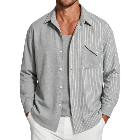 Mens Casual Untucked Button Down Shirt Funky Asymmetric Striped Shacket Jacket Lightweight Overshirts M-5XL
