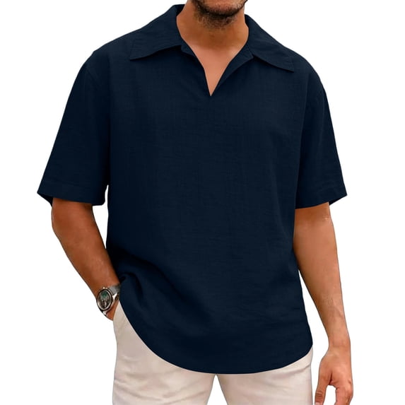 Mens Casual V Neck Golf Collar T-Shirts Summer Short Sleeve Old Money Aesthetic Lightweight Breathable Beach Resort Wear Tops Loose Fit Button Down Textured Tee for Daily Wear & Vacation