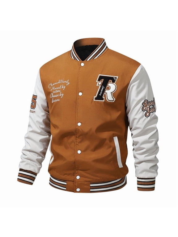 Mens Casual Varsity Jacket Autumn Winter Button Front Letter Patch Ribbed Collar Cuffs Hem Lightweight Outerwear Coat