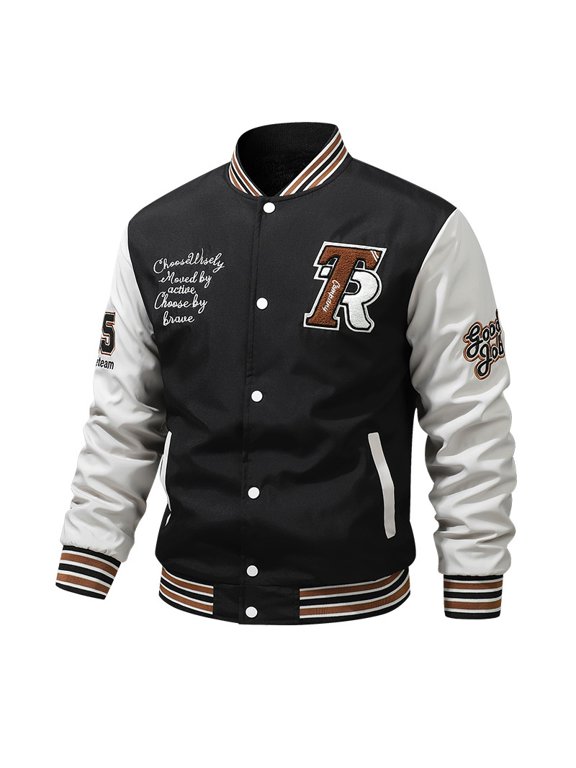 Mens Casual Varsity Jacket Autumn Winter Button Front Letter Patch Ribbed Collar Cuffs Hem Lightweight Outerwear Coat