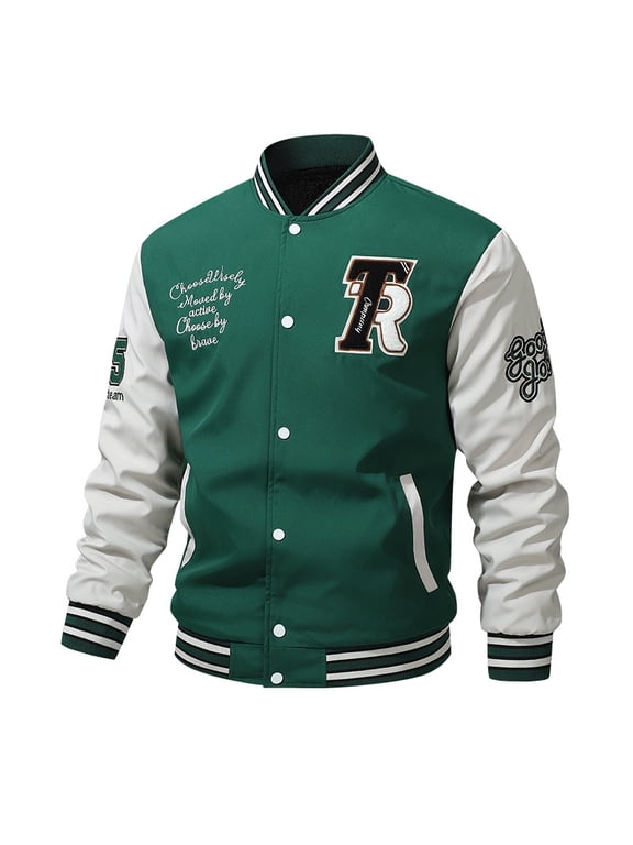 Mens Casual Varsity Jacket Autumn Winter Button Front Letter Patch Ribbed Collar Cuffs Hem Lightweight Outerwear Coat