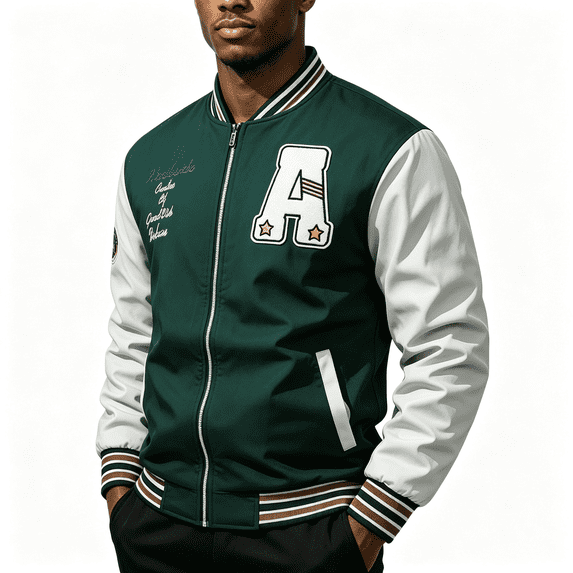 TOMVIGX Mens Casual Varsity Jacket Zip Front Long Sleeve Ribbed Collar Cuffs Hem Letter Patch Baseball Style Outerwear M Green