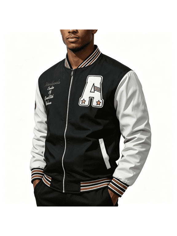 Mens Casual Varsity Jacket Zip Front Long Sleeve Ribbed Collar Cuffs Hem Letter Patch Baseball Style Outerwear XL Black