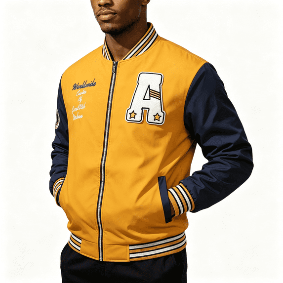 TOMVIGX Mens Casual Varsity Jacket Zip Front Long Sleeve Ribbed Collar Cuffs Hem Letter Patch Baseball Style Outerwear XL Earthy Yellow