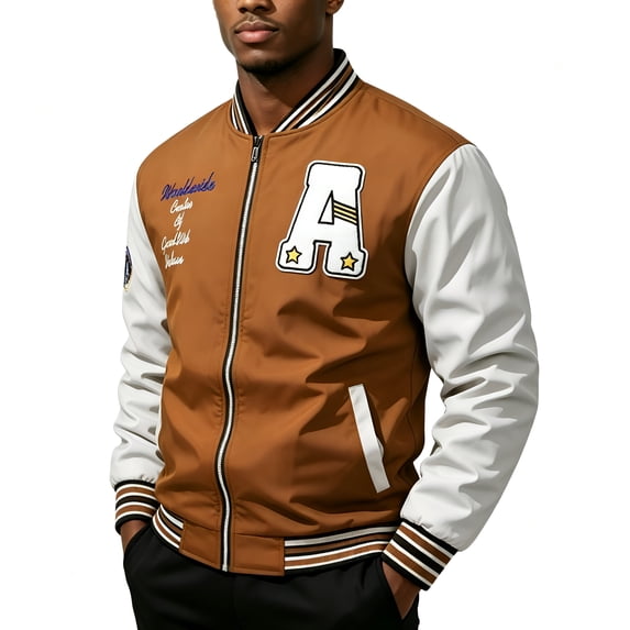 TOMVIGX Mens Casual Varsity Jacket Zip Front Long Sleeve Ribbed Collar Cuffs Hem Letter Patch Baseball Style Outerwear XL Ginger